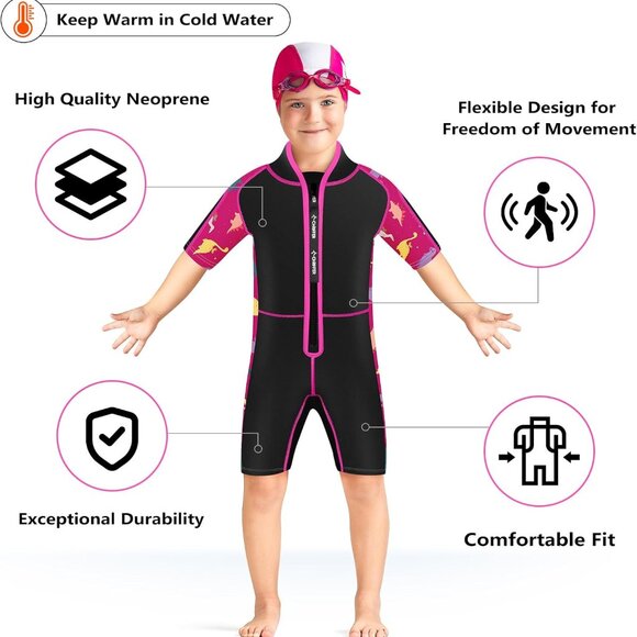 Chriffer Kid Wetsuit Shorty 2mm Neoprene Thermal Pink Black Swimwear - Picture 7 of 14